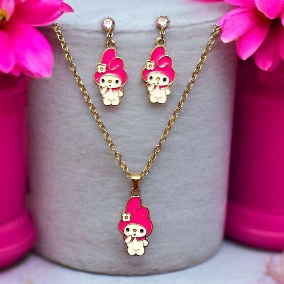 Hot Pink My Melody Earrings And Necklace Set - Picture 1 of 1